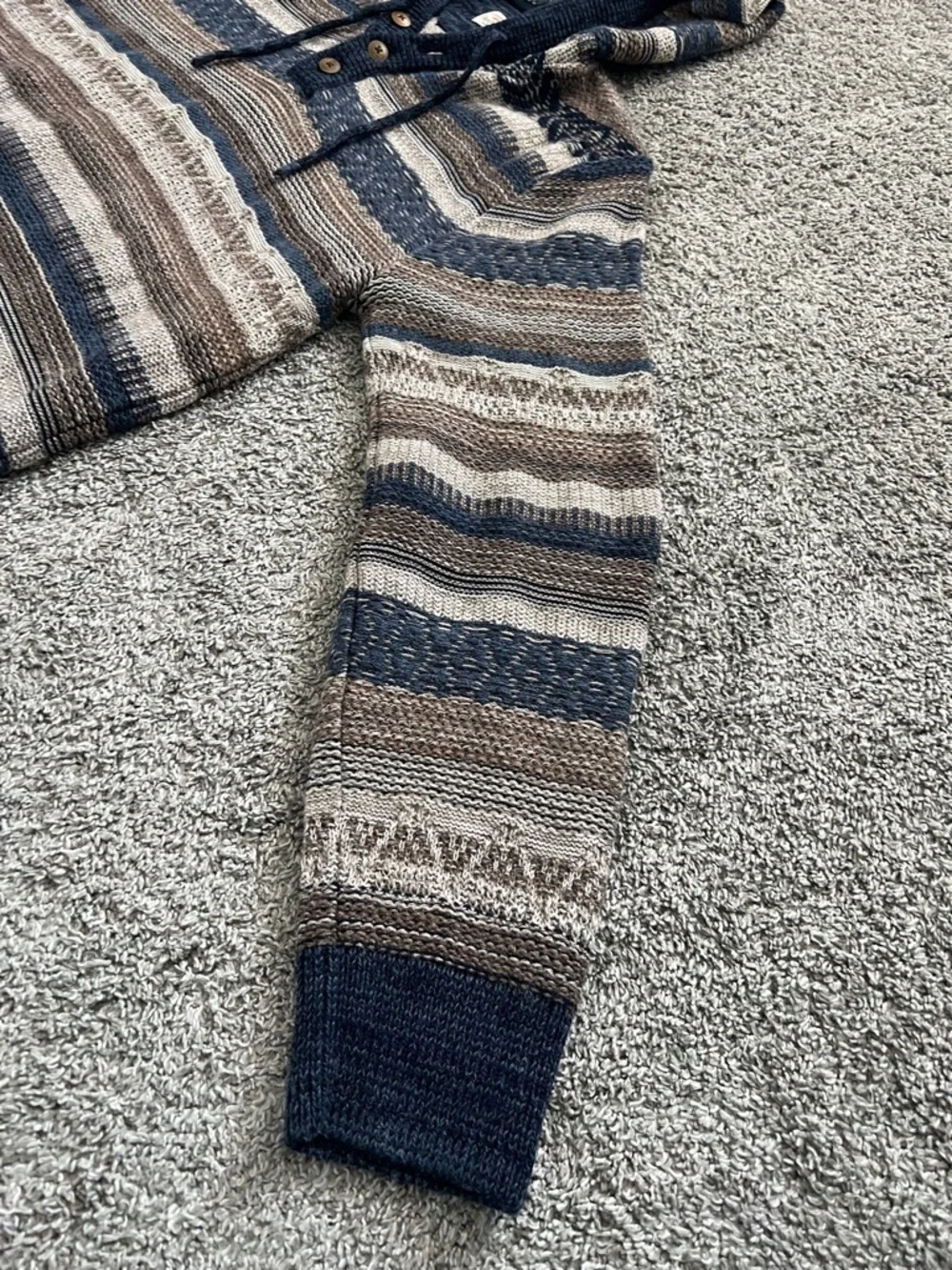 Faherty Men’s Baja Striped Knit Hooded Quarter Button Sweater Navy Tan - Size M